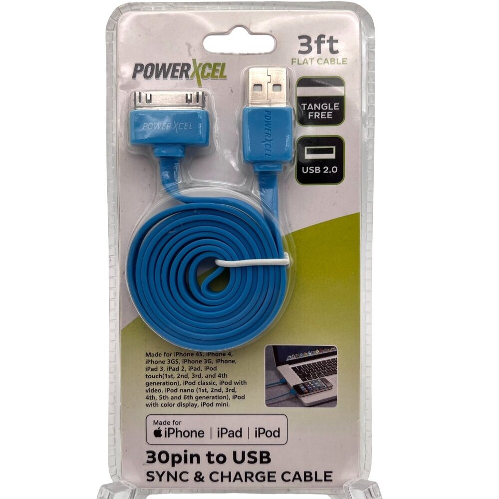 PowerXcel 3ft Flat 30-Pin To USB Sync & Charge Cable For iPhone/iPad/iPod New